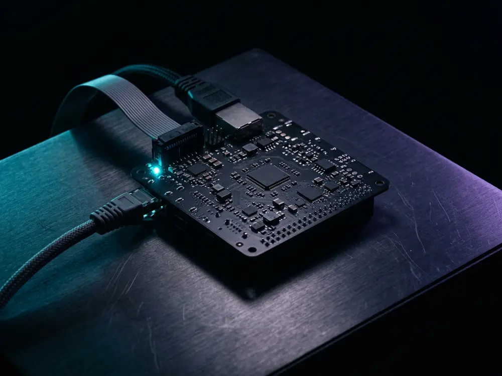 Eine kleine schwarze Platinenrechner-Einheit auf einer dunklen Metallfläche, angeschlossen über ein Flachbandkabel und ein Netzwerkkabel, mit einer cyanfarbenen Status-LED.